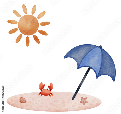 Beach scene with umbrella, crab and sun, summer holiday background 