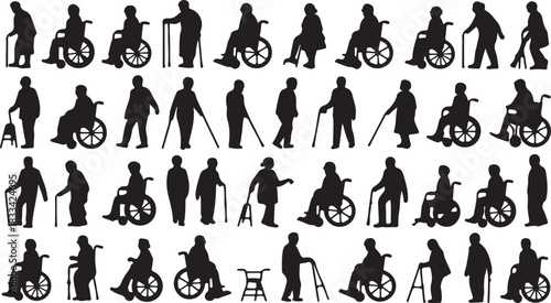 Silhouette figures show elderly people using wheelchairs and canes for mobility on transparent background