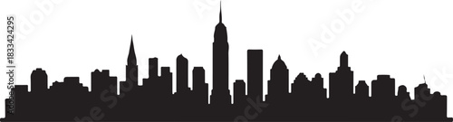 Striking black skyline silhouette showcasing prominent buildings against a plain white background creates powerful contrast