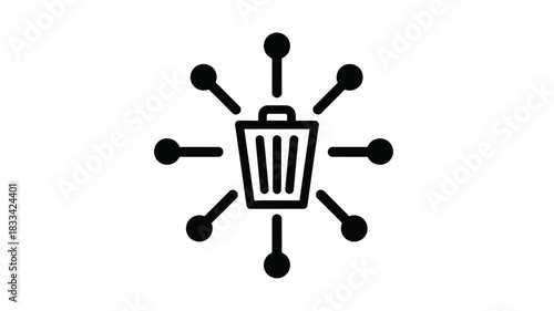 A simple black and white illustration depicting a waste bin with arrows pointing towards it