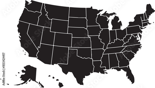The United States of America state borders are clearly represented in this black vector