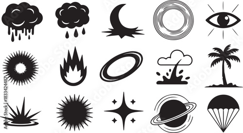 This monochrome shows diverse elements from weather and nature to outer space icons
