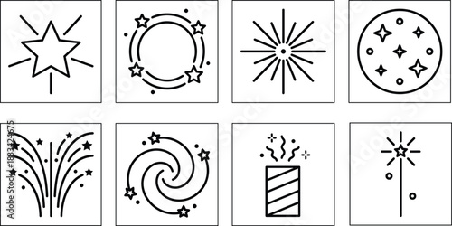 Celebration icons, fireworks symbols, festive vector set, party elements, sparkler graphics, starburst design, holiday decoration, black outline illustrations