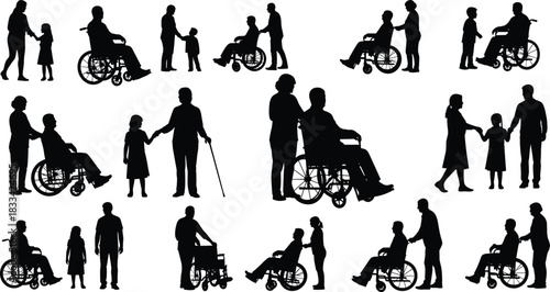 Caregiving, support, wheelchair, disability, family, community, healthcare, elderly, children, walking aid, compassion, inclusion, silhouette, help, nurse, parent, 