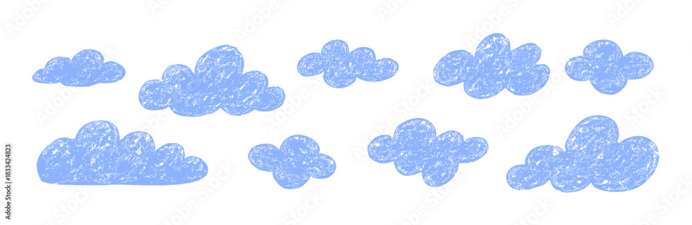 Fototapeta premium Cloud hand drawn children grunge design. Drawing sky clouds abstract crayon texture doodle icon