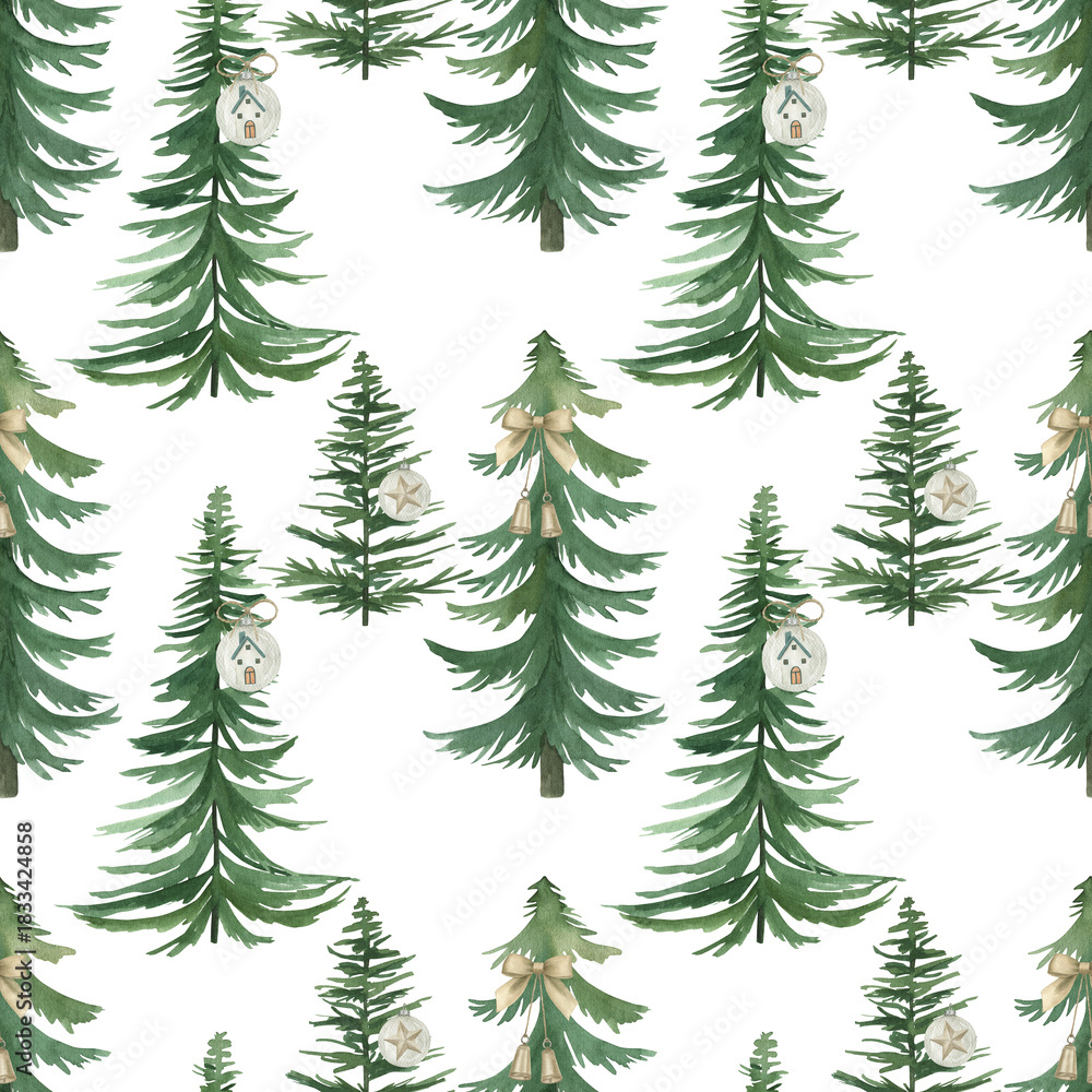 Obraz premium Watercolor Christmas seamless pattern with fir-trees, balls. Hand drawn illustration on white background, for wallpaper, wrapping