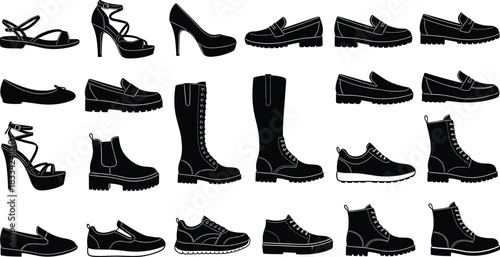 Collection of stylish footwear silhouette icons featuring boots, heels, loafers, sandals, sneakers, and casual shoes in detailed black vector design