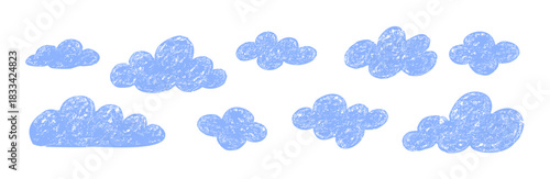 Cloud hand drawn children grunge design. Drawing sky clouds abstract crayon texture doodle icon