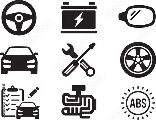 Various car components are displayed with basic auto inspection tools and transparent background