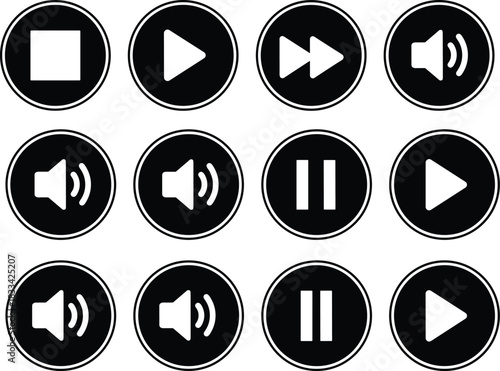 Media control icons, playback buttons, audio video interface, volume settings, pause play stop, flat design, flat vector illustration