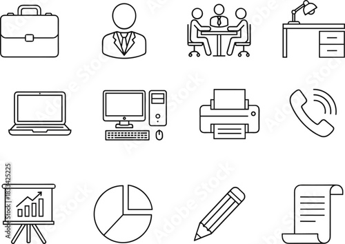 Office business icons set, workplace tools, meeting laptop desktop printer phone chart pencil document, flat design, flat vector illustration