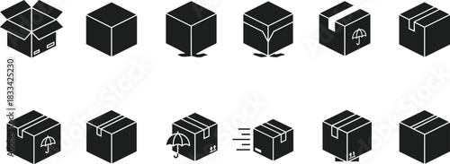 Packaging icons set, cardboard box fragile leak sealed shipping motion symbols, black and white, flat design, vector illustration