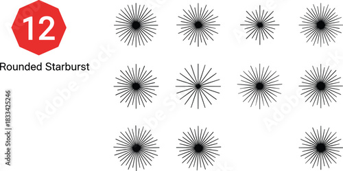 Rounded starburst icons, radial burst shapes, abstract sunburst pattern, graphic design elements, black vector set, flat design, flat vector illustration