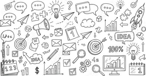 Business doodle icons set, idea speech bubble chart gear rocket magnifying glass envelope puzzle target, hand-drawn vector illustration
