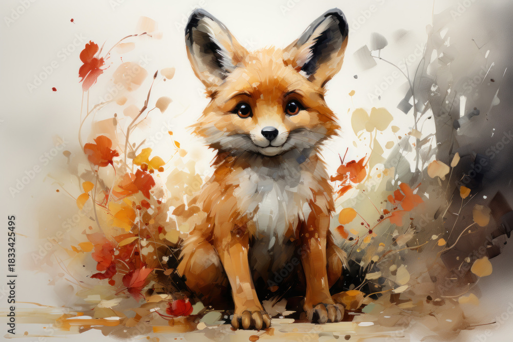 Fototapeta premium A watercolor illustration of a cute fox sitting among autumn flowers and light abstract brushstrokes. 