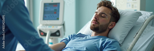 Sick man in hospital bed rests while nurse attends, focus on monitoring equipment, highlighting patient care. Patient in hospital is sick and resting.