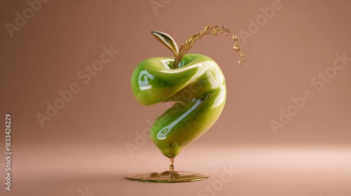 Twisted Glossy Green Apple Melting Into Liquid With Splashing Golden Juice Stream