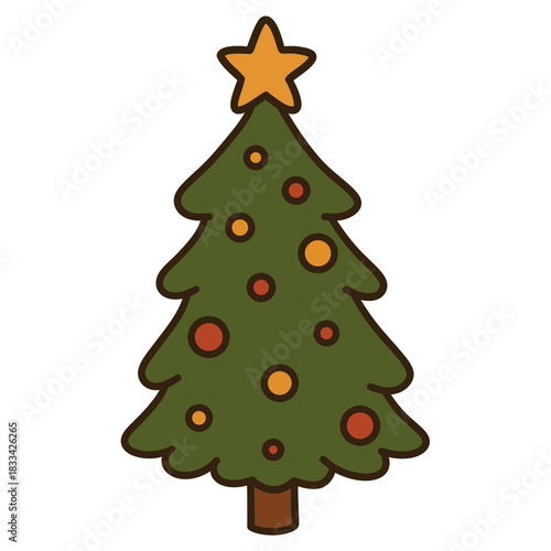 Decorated Christmas tree cartoon illustration with star