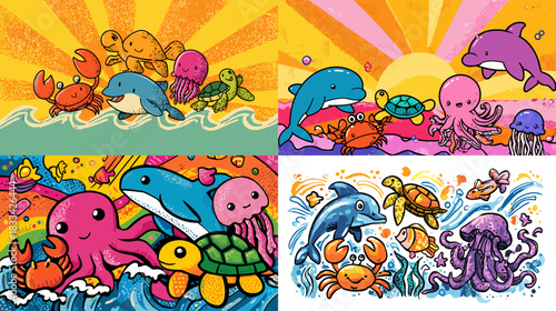 Playful illustration of colorful ocean animals including dolphins, turtles, octopuses, crabs, and fish in bright cartoon scenes. Perfect for children designs, marine themes, posters, and fun artwork.