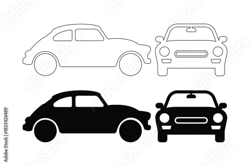 Vintage car silhouettes and outlines from multiple angles