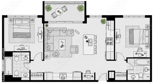 Modern luxury 2-bedroom apartment floor plan. Top view architectural layout with open kitchen, ensuite, and balcony.