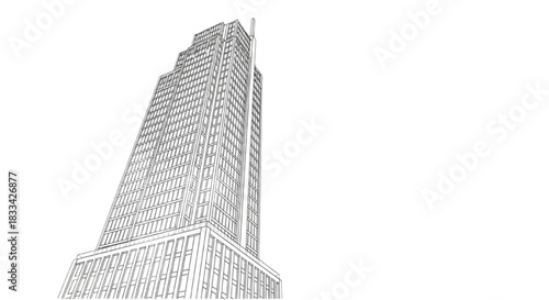 Minimalist architectural line art vector of a modern skyscraper. Low angle perspective sketch in monochrome drafting style.