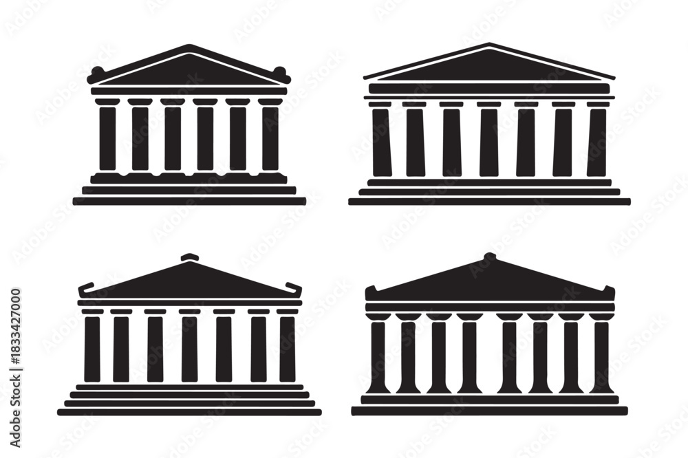 Naklejka premium Four silhouetted classical greek temple facades with columns