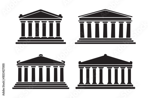 Four silhouetted classical greek temple facades with columns