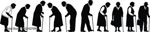 Silhouettes of multiple elderly people walking slowly with canes, representing aging, old age, senior health issues, retirement, and the necessary care for the older generation, vector illustration.