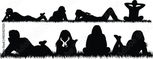 Silhouettes of people relaxing outdoors, sitting and lying down in the grass, enjoying leisure time, summer rest, nature, freedom, and a peaceful day in the park or field.