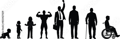 The full lifecycle of human development and aging, from crawling baby and childhood growth to a peak successful adult, maturity, old age, and eventual disability, showing the passage of time.