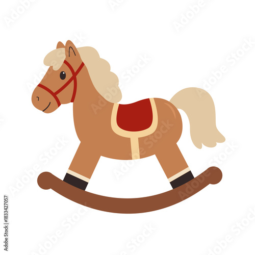 Vector wooden rocking horse with soft beige tones and a simple saddle. Illustration of kids toy. Perfect for kids products and design projects.