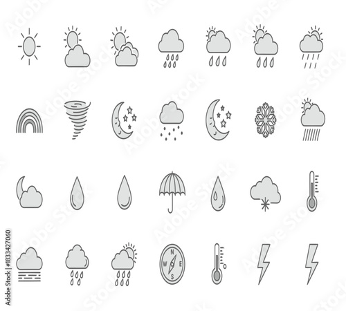 Collection of handdrawn, doodlestyle weather icons featuring sun, cloud, rain, snow, moon, stars, rainbow, wind, and thermometer symbols, isolated on white background