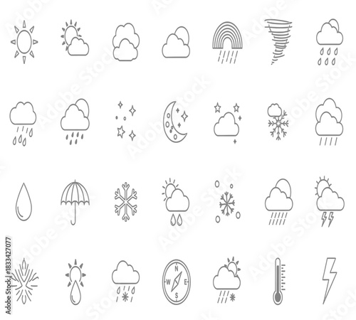 Collection of handdrawn, doodlestyle weather icons featuring sun, cloud, rain, snow, moon, stars, rainbow, wind, and thermometer symbols, isolated on white background