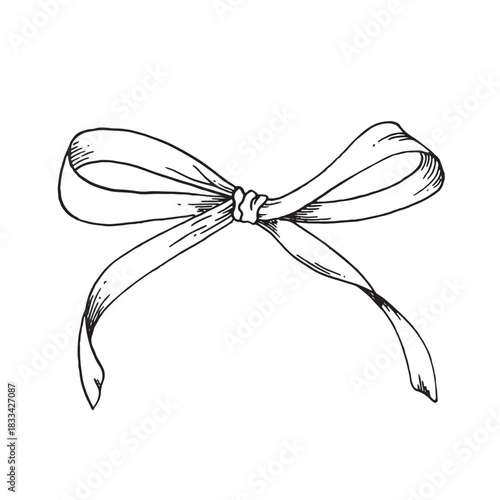 Bow linear vector graphic. Black and white drawing sketch hand painted. Delicate festive illustration is perfect for birthday card design, invitation, holiday background. Ribbon is painted