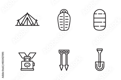 Camping gear icons including tent sleeping bag stove and shovel