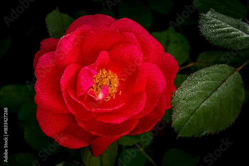 Bright dewey hybrid roses in as spring garden