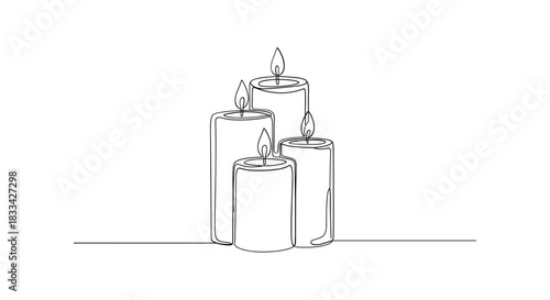 Minimalist line art drawing of a cluster of four lit candles on a white background