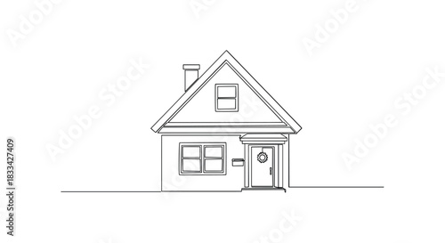 Simple hand drawn outline sketch of a small gable roof house with a chimney