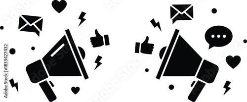 Social media engagement icons, megaphone communication, thumbs up heart speech, marketing symbols, flat design, vector set, flat vector illustration