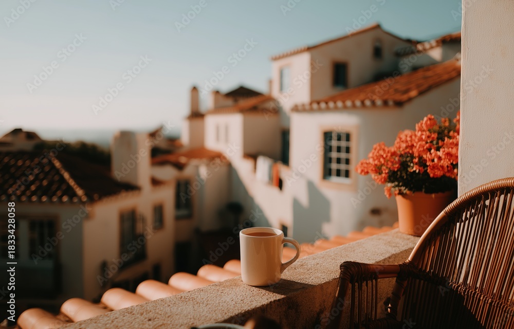 Obraz premium A coffee cup sits on a balcony as sunlight highlights beautiful flowers and houses in the distance