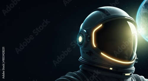 Astronaut in space gazes toward Earth with a glowing helmet visor among stars