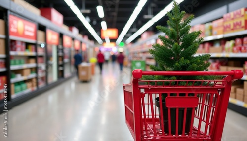 Christmas tree in shopping cart at supermarket