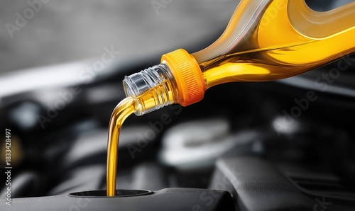 Golden motor oil flows smoothly into a modern engine, showcasing precision and utility