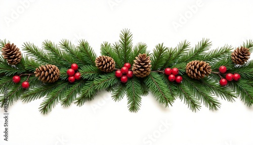 Christmas garland with pinecones and red berries on white background