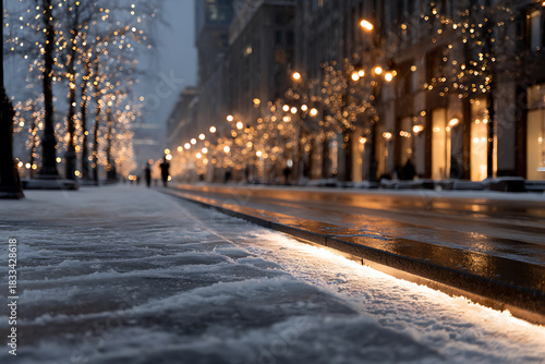 urban winter scene, city street at night with soft snow, warm lights, and people in winter coats, creating a gently blurred scene