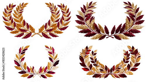 Elegant watercolor laurel wreaths in rich red and golden tones with detailed leaves. Ideal for award themes, classical design, branding, certificates, invitations, and decorative artwork.