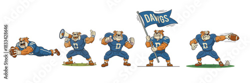 Cartoon bulldog mascot character playing american football