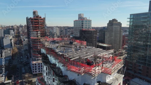 flying counter clockwise around tower under construction in Gowanus Brooklyn