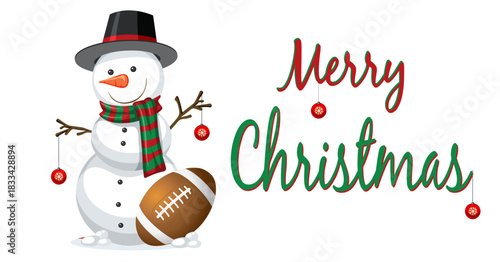 Friendly snowman with scarf and American football next to “Merry Christmas”. Ideal for sports teams, holiday cards, and winter-themed marketing materials
